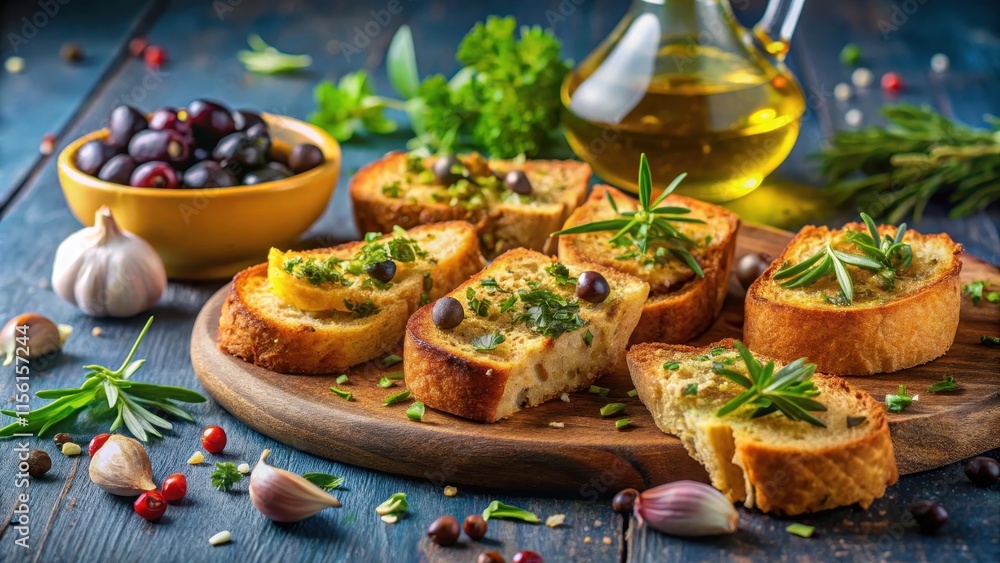 Crunchy bread crust with olive oil and fragrant herbs and spices, a Mediterranean-inspired snack, olive oil, snack Crunchy bread crust with olive oil and fragrant herbs and spices, a Mediterranean-inspired snack, olive oil, snack