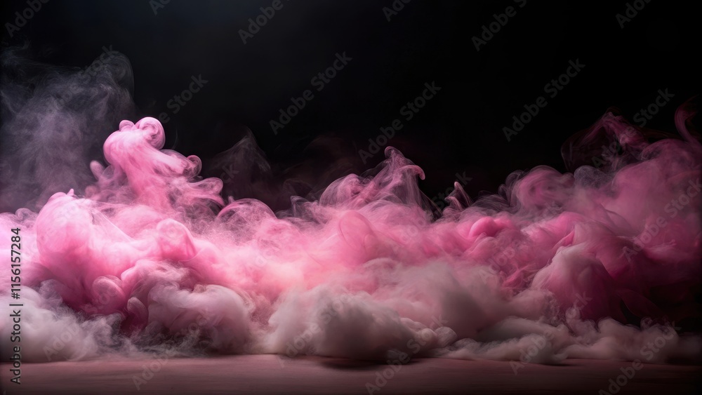 Fototapeta premium Soft Pink Fog Rolls Over Black Canvas, eerie ambiance, fog, eerie ambiance
