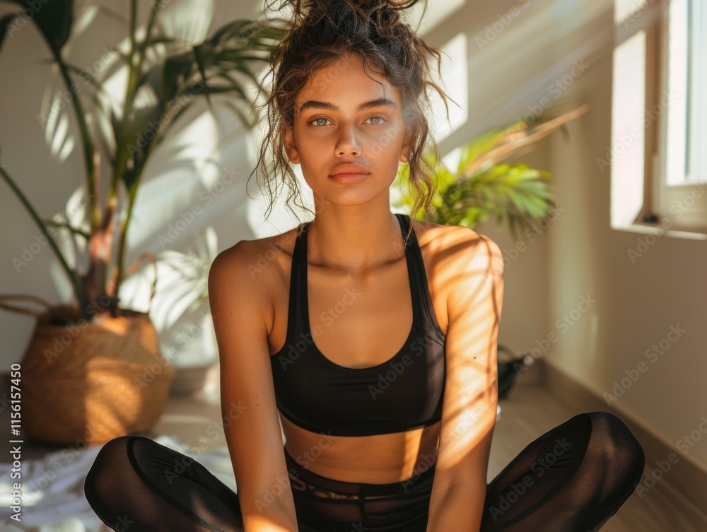 A fitness woman sits in a relaxed pose against a sunlit background. She wears a black sports outfit with her hair in a messy bun, surrounded by indoor plants. A fitness woman sits in a relaxed pose against a sunlit background. She wears a black sports outfit with her hair in a messy bun, surrounded by indoor plants.