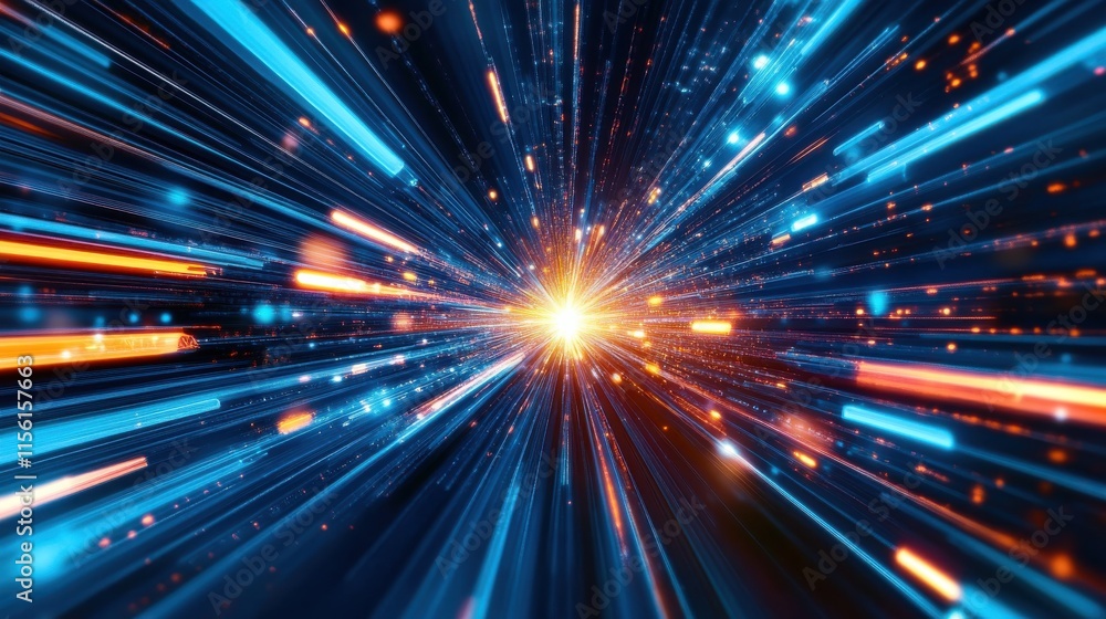 Abstract light streaks converge in a dazzling display of vibrant blue and orange hues. Abstract light streaks converge in a dazzling display of vibrant blue and orange hues.