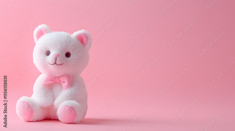 Obraz premium A cute white teddy bear sits on a pink background