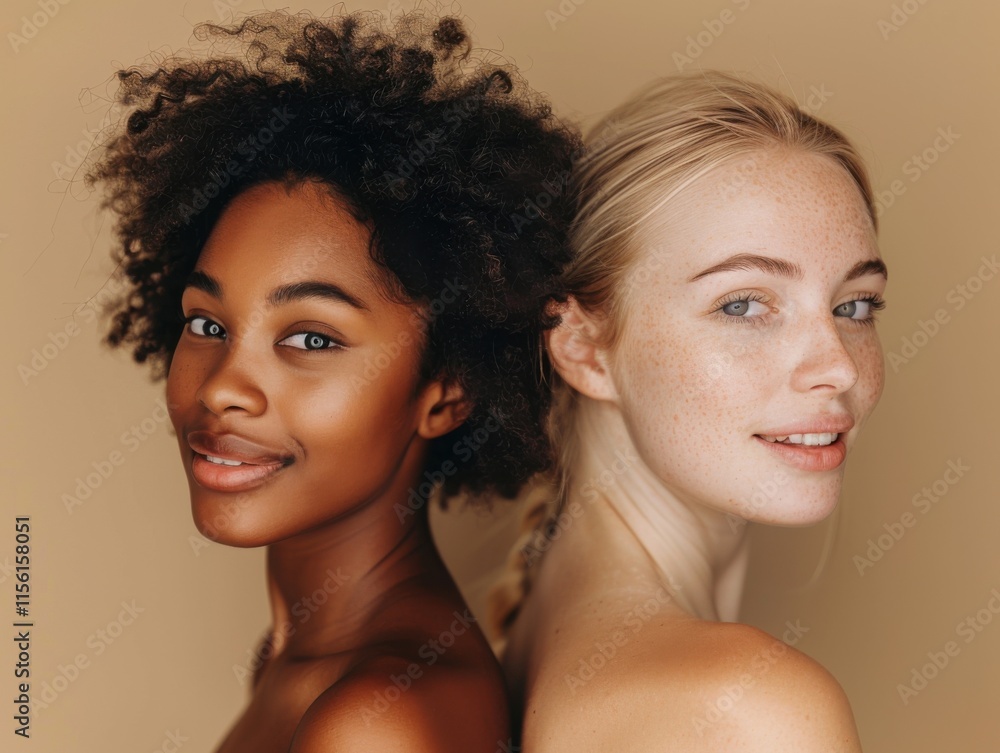 Two diverse female models stand back to back with smiles, emphasizing beauty and diversity against a warm, neutral background. Two diverse female models stand back to back with smiles, emphasizing beauty and diversity against a warm, neutral background.