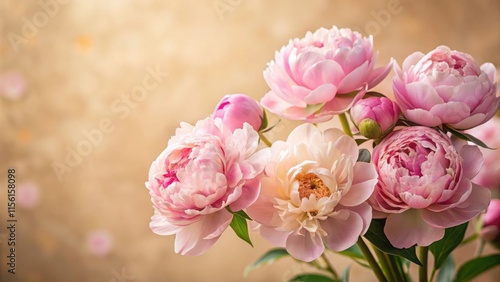 Fototapeta Naklejka Na Ścianę i Meble -  Softly blooming pink peonies against a warm beige background