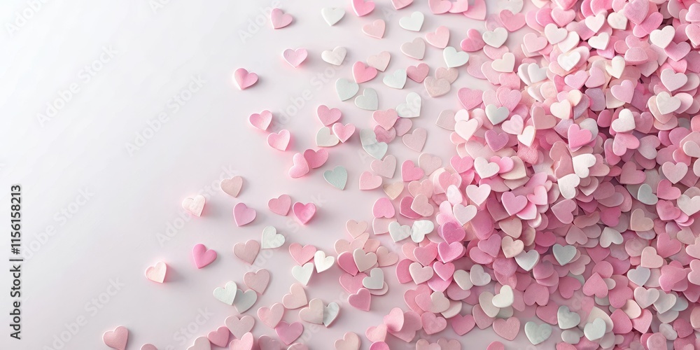 Obraz premium Pastel pink heart confetti scattered on a white background with subtle gradient effects