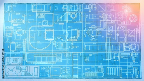 Digital illustration of a blue print photo effect mockup with technical drawings overlay, photography, digital illustration, blueprint effect
