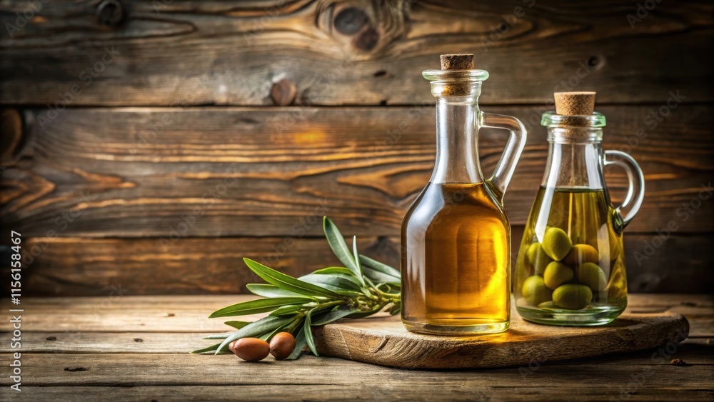 A bottle of olive oil and vinegar sitting on a wooden table with a rustic background, table, vinegar, table, vinegar A bottle of olive oil and vinegar sitting on a wooden table with a rustic background, table, vinegar, table, vinegar