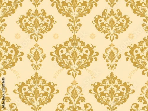 Elegant seamless damask wallpaper design in gold and cream hues, texture, luxury, repeat