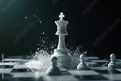 Dynamic 3d animation of chess battle  white king launches aggressive attack on falling pawns photo