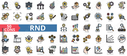 RND icon collection set. Containing research and development, innovative, corporation, government, improving, services, product icon. Simple flat outline vector illustration
