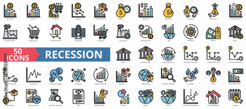 Recession icon collection set. Containing economic, inflation, decline, unemployment, debt, business, bankrupt icon. Simple flat outline vector illustration