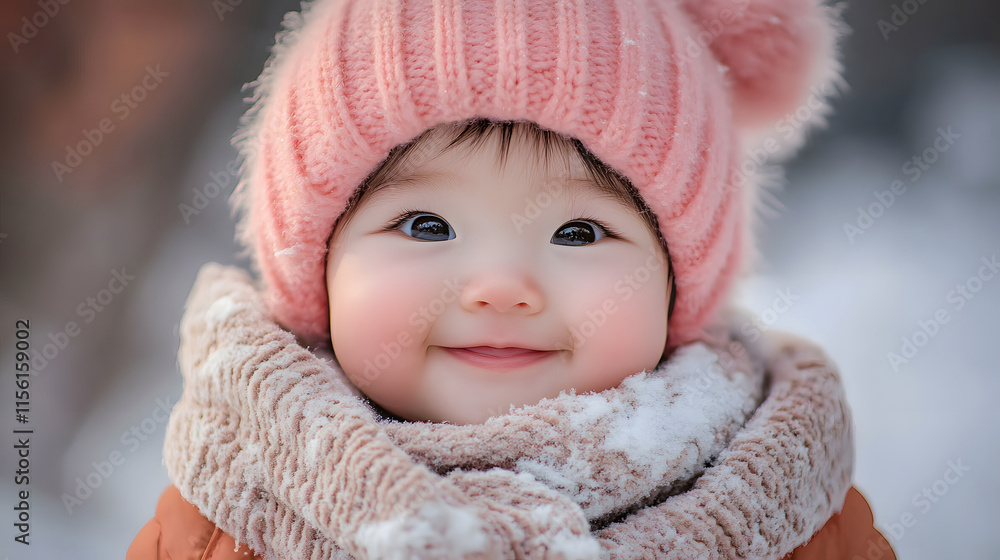 Adorable Baby Girl Wearing Pink Winter Hat and Scarf Adorable Baby Girl Wearing Pink Winter Hat and Scarf