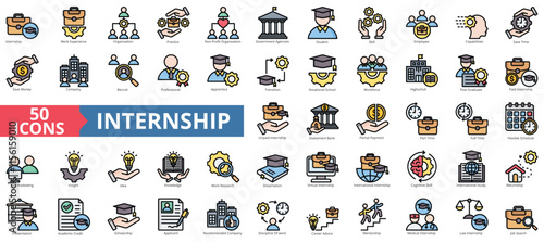 Internship icon collection set. Containing work experience, apprentice, practice, employee, recruitment, student icon. Simple flat outline vector illustration