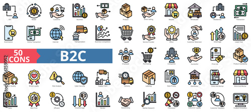 B2C icon collection set. Containing business model, customer, service, selling, product, direct selling, retailer icon. Simple flat outline vector illustration 