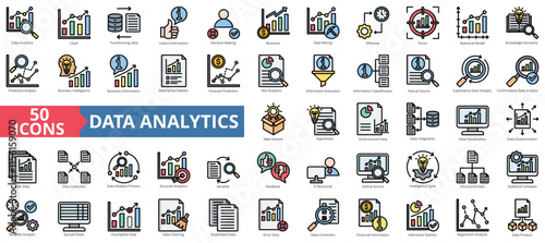 Data analytics icon collection set. Containing chart, forecast prediction, useful information, decision making, business intelligence, data mining, icon. Simple flat outline vector illustration
