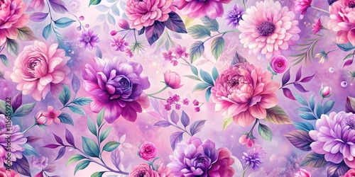 Soft, romantic floral pattern with fuchsia and purple hues blended seamlessly into a calming background, nature-inspired design, peaceful atmosphere