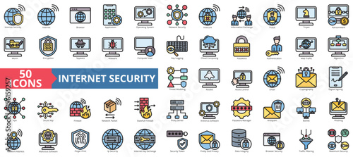 Internet security icon collection set. Containing internet, browser, application, operating system, network security, insecure, information exchange icon. Simple flat outline vector illustration