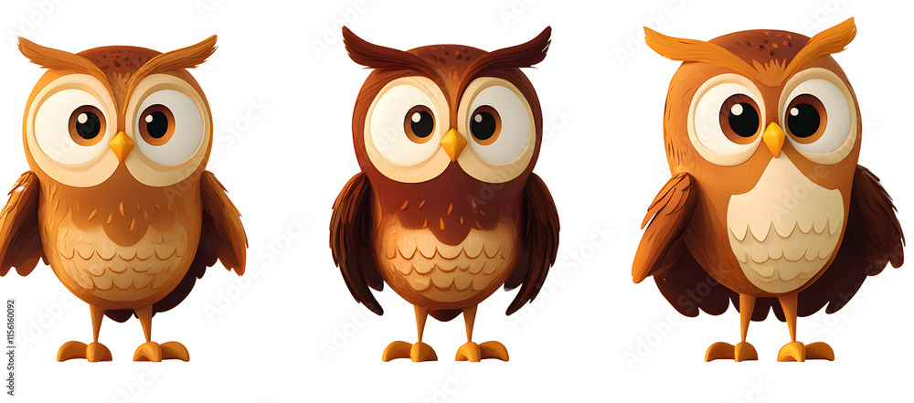 Fototapeta premium Cute cartoon owl character in multiple angles for kids' illustration and educational materials