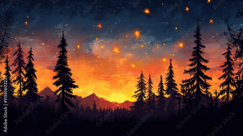 Stunning sunset over mountains with starry sky and silhouettes of pine trees