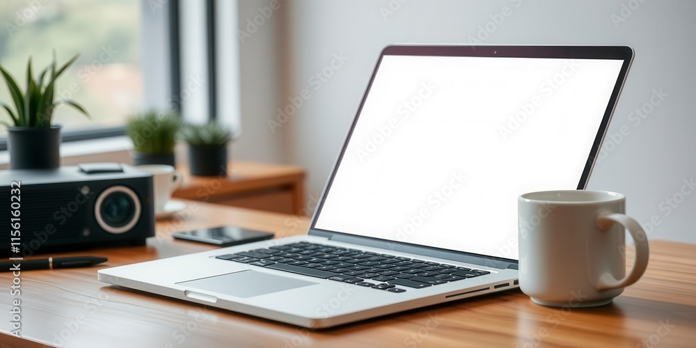 Modern laptop with a blank screen placed on a wooden desk next to a cup of coffee, communication, equipment Modern laptop with a blank screen placed on a wooden desk next to a cup of coffee, communication, equipment