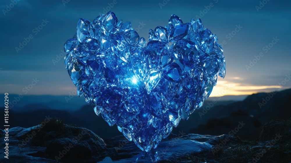 Heart-shaped blue crystal formation shines at sunset in a serene landscape Heart-shaped blue crystal formation shines at sunset in a serene landscape