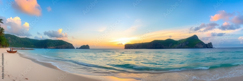 Panoramic view of a stunning beach landscape with golden sand, crystal clear water, dramatic cliffs, and colorful sunset, serene, paradise, natural beauty Panoramic view of a stunning beach landscape with golden sand, crystal clear water, dramatic cliffs, and colorful sunset, serene, paradise, natural beauty