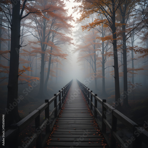 Mystical Wooden Bridge in Autumn Fog photo