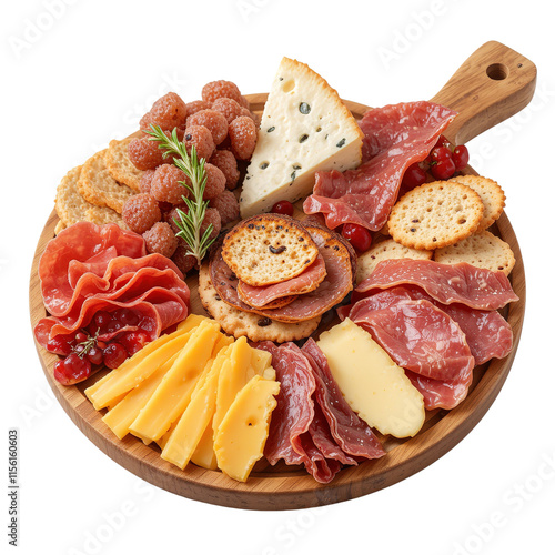 Gourmet Cheese and Meat Platter with Crackers and Berries Isolated on Transparent Background