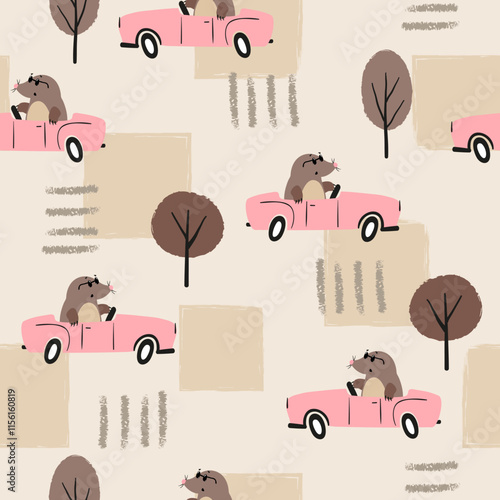 Seamless pattern with cute mole in the car. Vector road illustration for kids photo