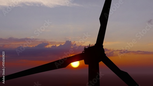 Bild auf Leinwand Close-up wind turbines or wind energy converter in sunny day with sunset sky