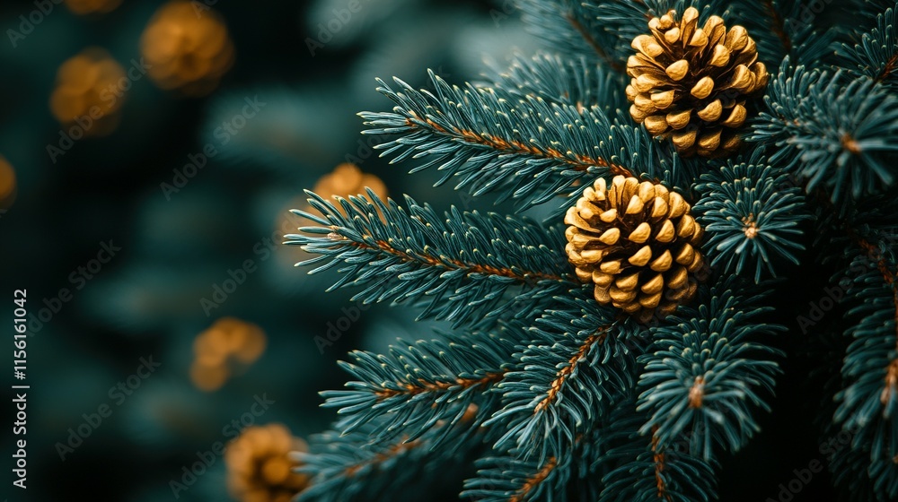 Golden Pine Cones on Teal Spruce Branches Golden Pine Cones on Teal Spruce Branches