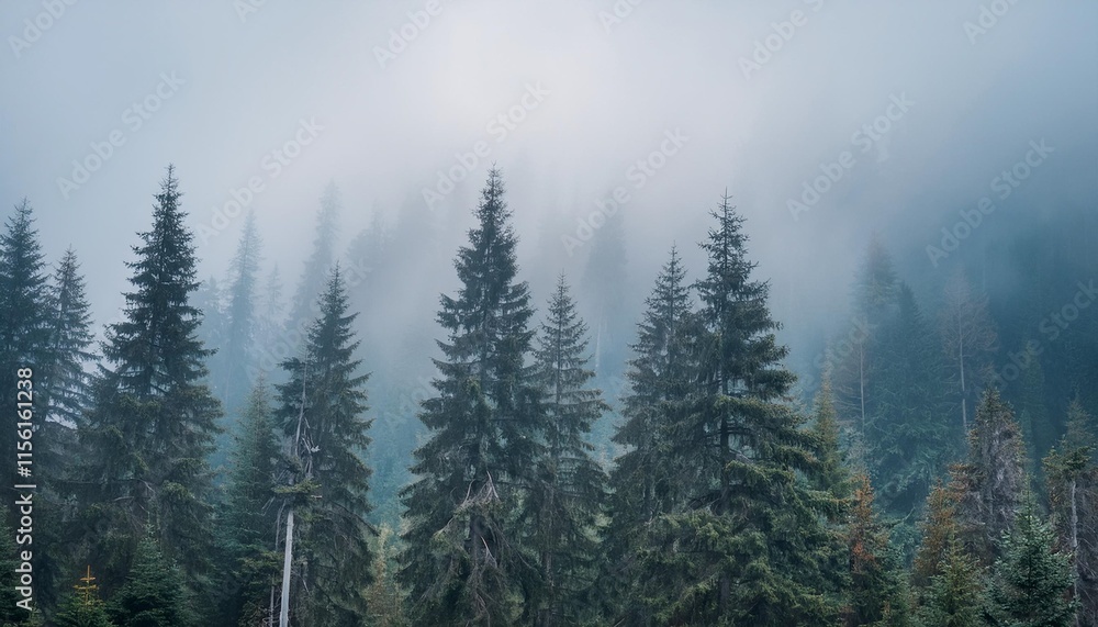 Towering Pine Trees in a Foggy Commercial Forestry Plantation Towering Pine Trees in a Foggy Commercial Forestry Plantation