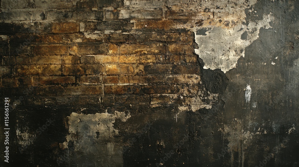 Fototapeta premium Aged brick wall with dark, textured surface. Distressed and weathered.