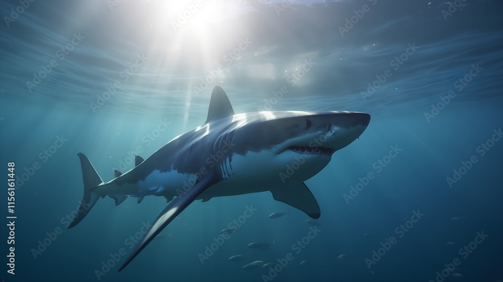 Obraz premium Massive great white shark swimming through crystal