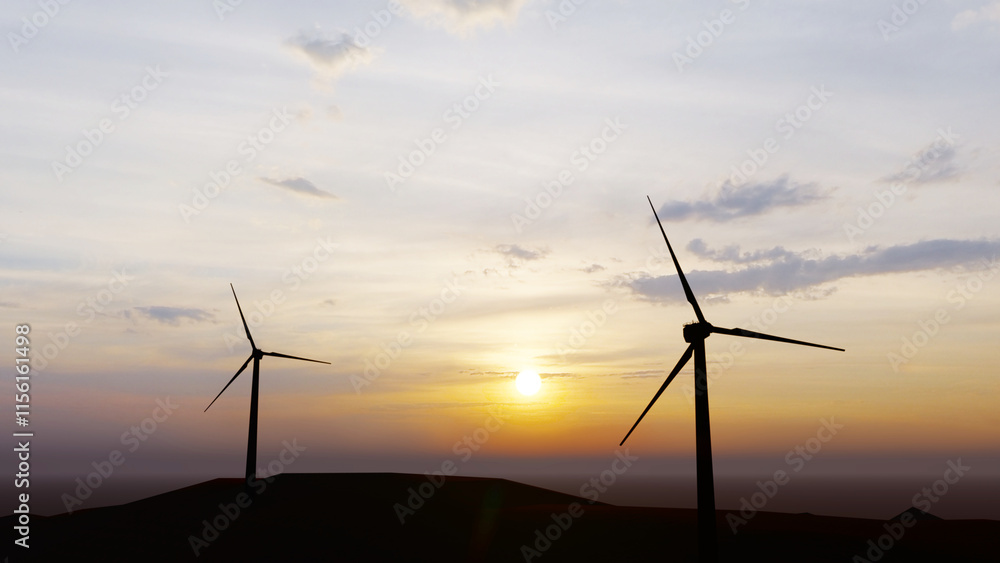 Wind power plant towers in mountains at sunset. Windmill farm. Sustainable energy production. Green energy, clean power, clean energy concept. Wind power plant towers in mountains at sunset. Windmill farm. Sustainable energy production. Green energy, clean power, clean energy concept.
