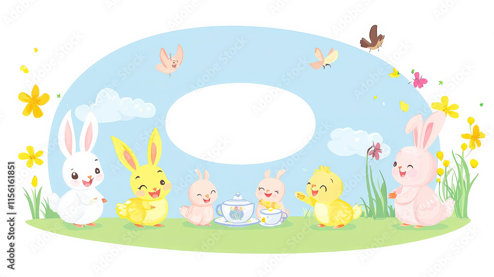 A playful cartoon Easter scene featuring cheerful baby chicks and bunnies enjoying a whimsical tea party, with a blank oval area in the center for adding custom text or messages.
