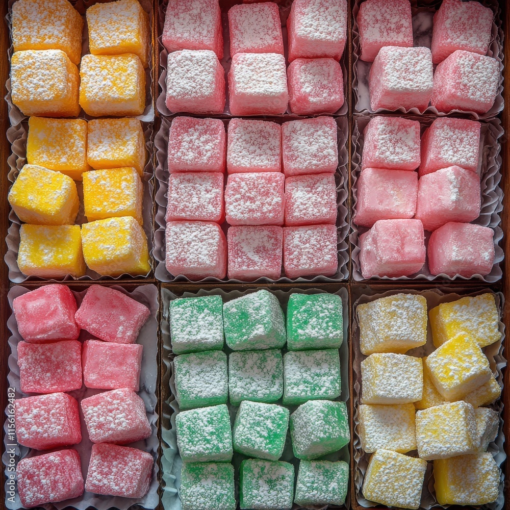 Colorful Turkish Delight Lokum Variety in Boxes with Powdered Sugar - Pink Yellow Green Delight Candy Squares - Sweet Confectionery Treats Dessert Arrangement Colorful Turkish Delight Lokum Variety in Boxes with Powdered Sugar - Pink Yellow Green Delight Candy Squares - Sweet Confectionery Treats Dessert Arrangement