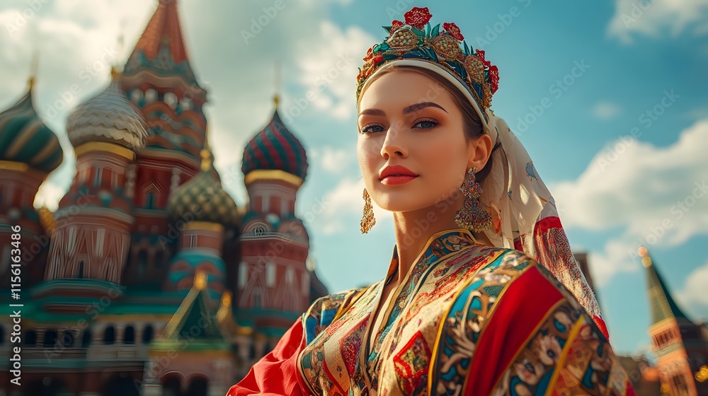 Obraz premium A Woman in Traditional Russian Attire Near Saint Basils Cathedral