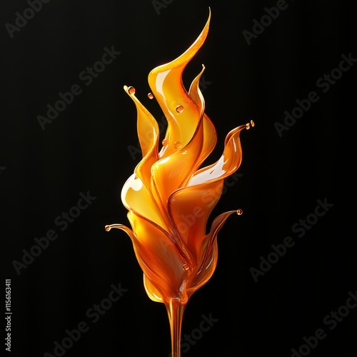 Amber liquid splash forming a flame-like shape against a black background. photo