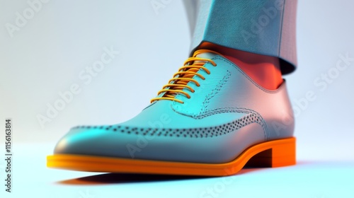 This image features a stylish, polished shoe with light blue color complemented by vibrant orange sole and yellow laces, showcasing modern fashion trends. photo