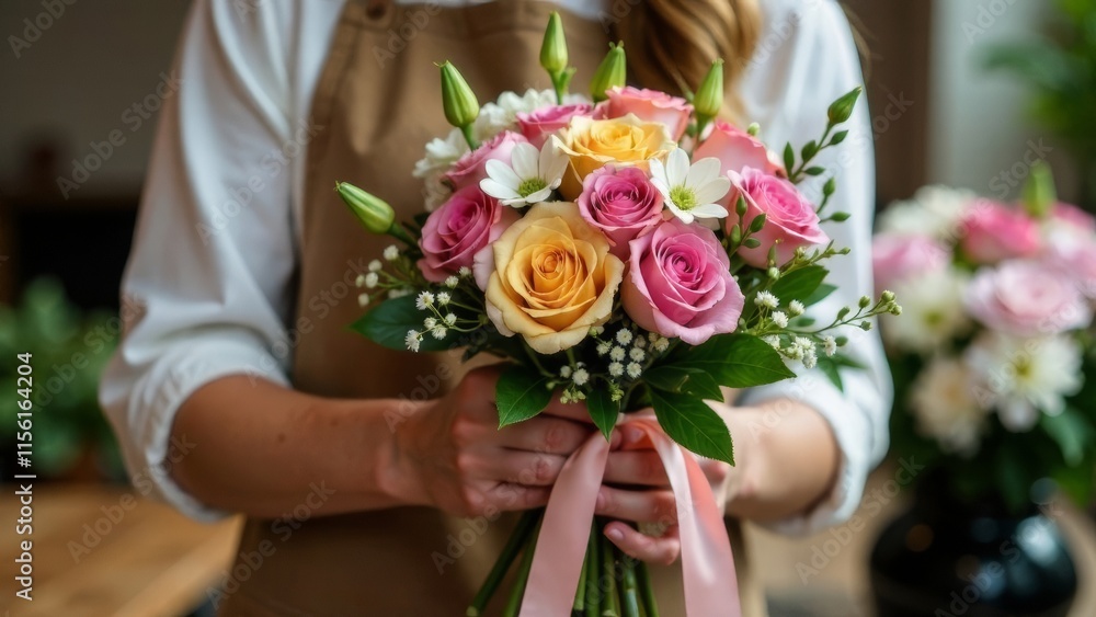 Florist's hands showing a beautiful bouquet of flowers Florist's hands showing a beautiful bouquet of flowers