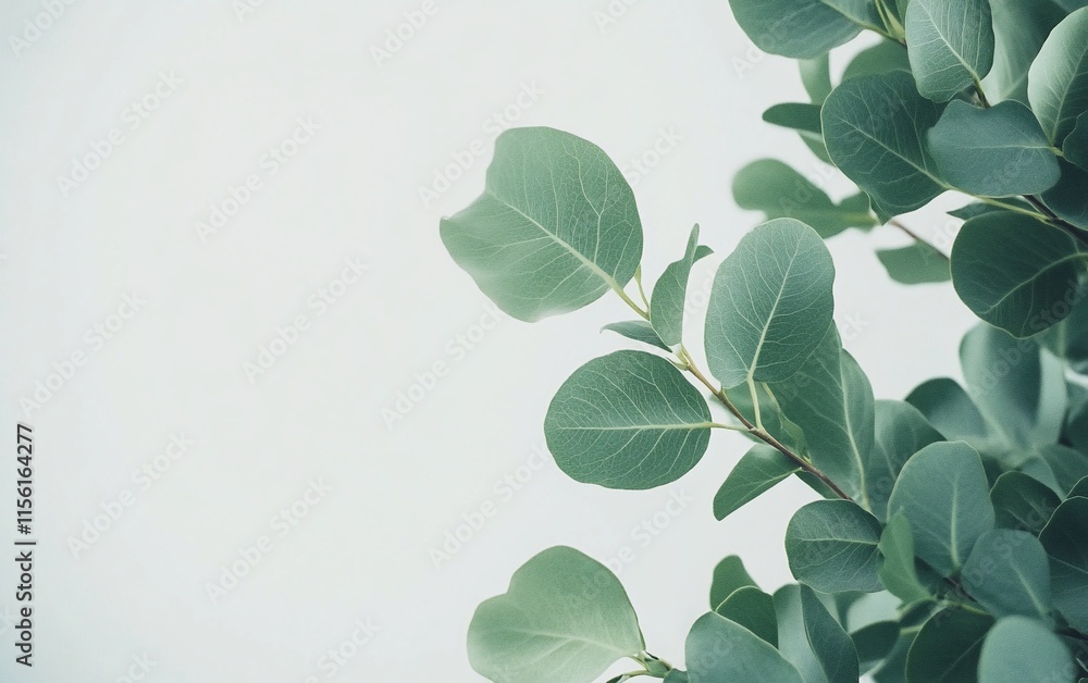 Fototapeta premium Lush green eucalyptus leaves on a light gray background, perfect for design or decoration.