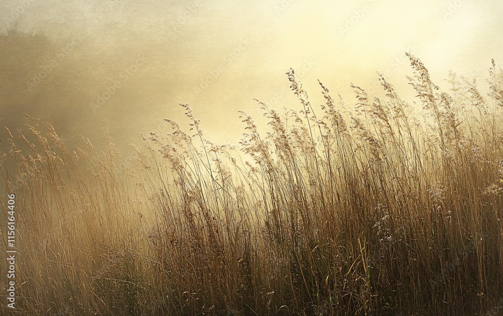 Golden sunrise mist over tall grass field. Golden sunrise mist over tall grass field.