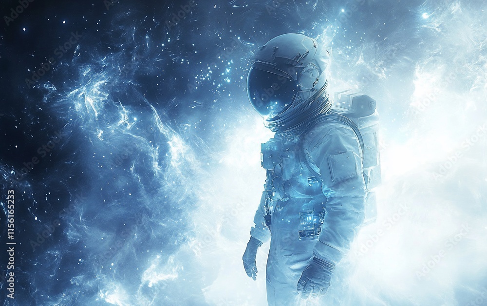 Fototapeta premium Astronaut in a cosmic nebula, glowing with ethereal light.