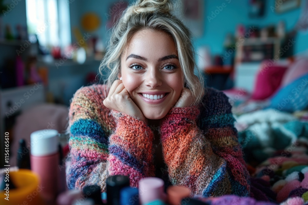 A cheerful young woman smiles while resting her chin on her hands, surrounded by vibrant makeup products in a cozy, colorful bedroom setting filled with warmth and joy. A cheerful young woman smiles while resting her chin on her hands, surrounded by vibrant makeup products in a cozy, colorful bedroom setting filled with warmth and joy.