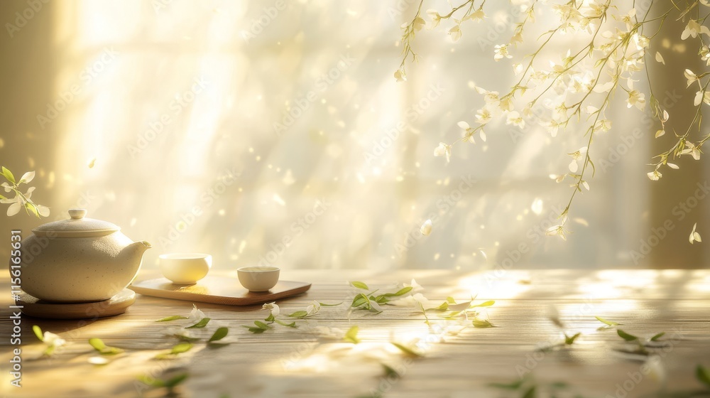 Sunlit tea ceremony scene with white teapot, cups, and blossoms. Sunlit tea ceremony scene with white teapot, cups, and blossoms.