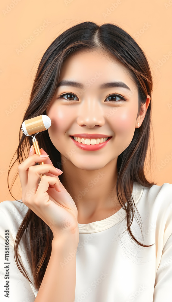 smiling beautiful asian girl using eye roller isolated on beige, panoramic shot, vector style, with white tones smiling beautiful asian girl using eye roller isolated on beige, panoramic shot, vector style, with white tones