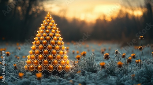 Illuminated Honeycomb Christmas Tree In Winter Field