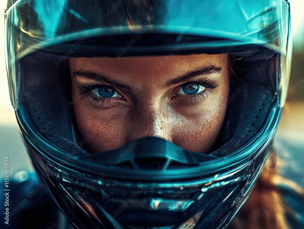 A close-up shot of a female motorcyclist, showcasing her striking blue eyes and the sleek helmet that she wears, conveying determination and passion for biking. A close-up shot of a female motorcyclist, showcasing her striking blue eyes and the sleek helmet that she wears, conveying determination and passion for biking.