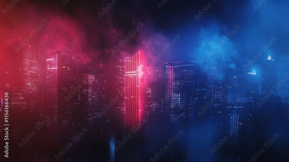 Fototapeta premium Neon Cityscape at Night: A vibrant digital art piece showcasing a futuristic city bathed in pink and blue neon lights.