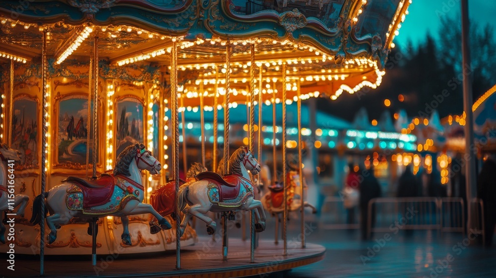 Fototapeta premium Carousel at an amusement park with horses and lights.